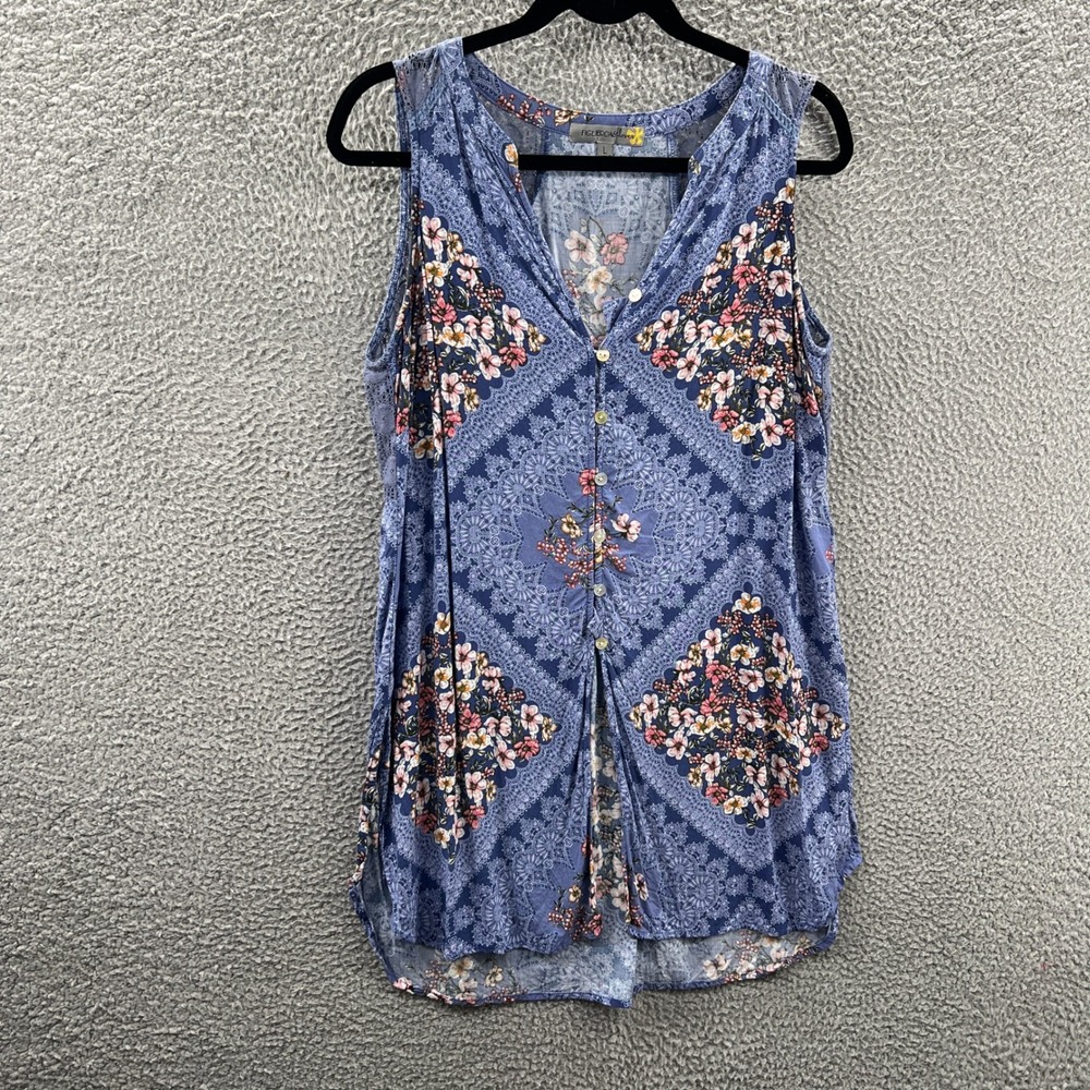 Figueroa & Flower Boho Tunic Top L Blue Floral Lace V Neck Artsy Festival Indie